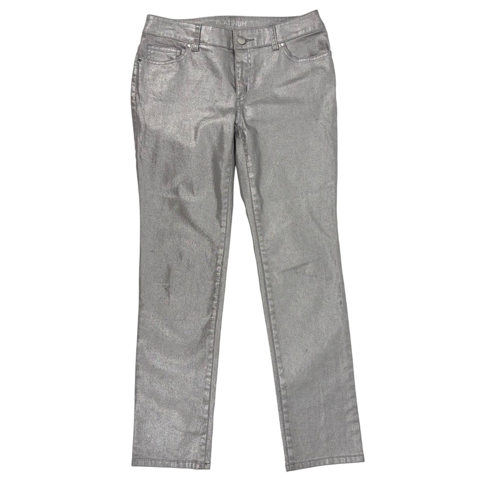 Chico's Platinum Jeans Metallic Silver Straight Leg Glam Party Size 00 US 2 Y2K